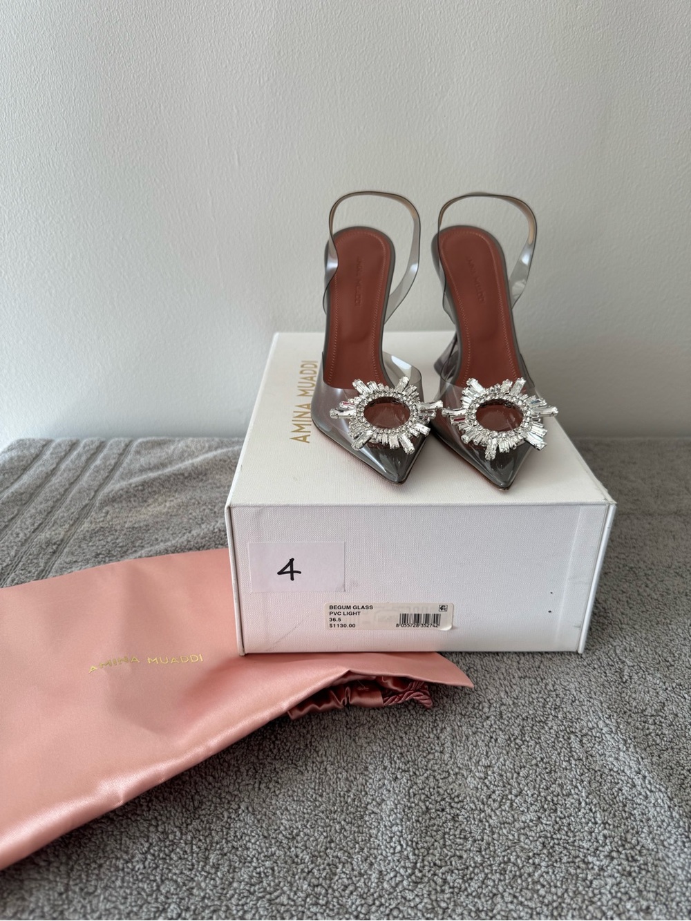 Amina Muaddi Silver Crystal Sunburst Slingback Pumps